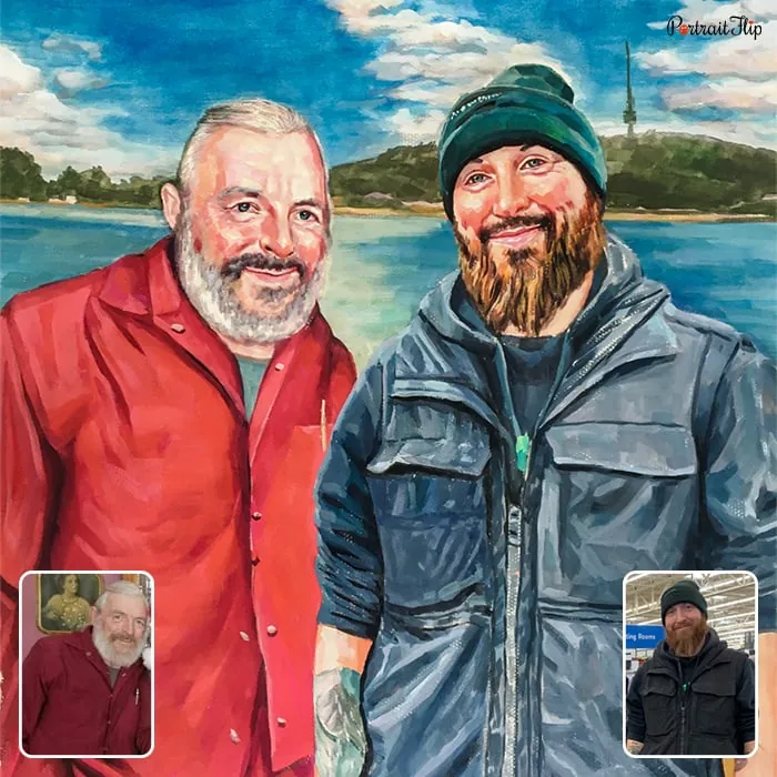 Compilation picture of a two man standing next to each other that is converted into watercolor paintings