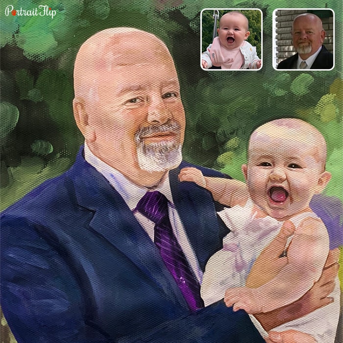 Compilation of watercolor paintings of a old man holding a baby in his arms