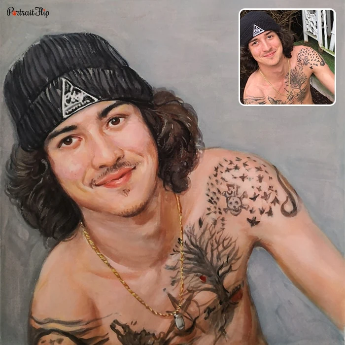 Watercolor paintings of a boy who has tattoo on his chest and arms