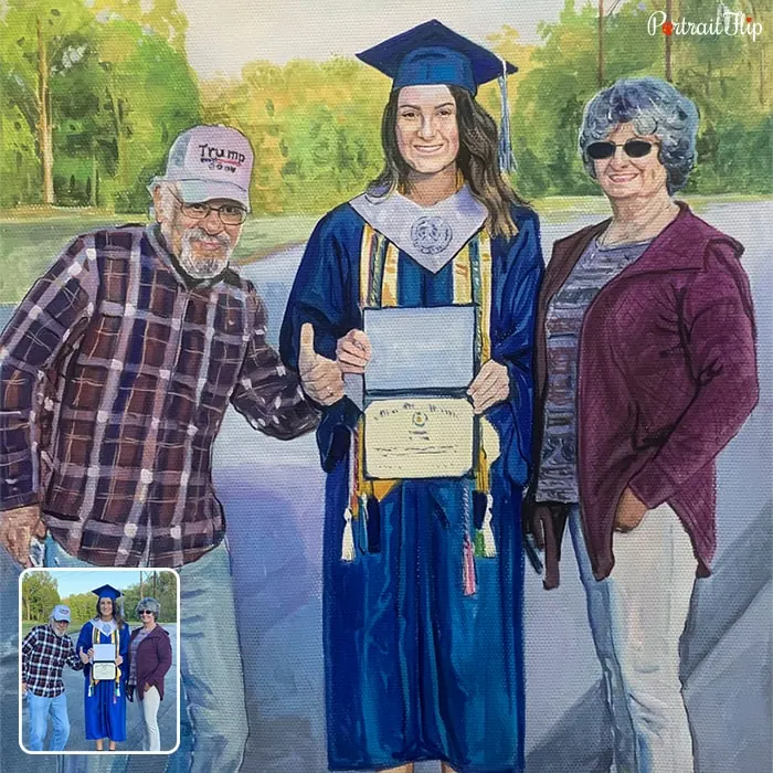 Watercolor paintings that portray a girl in her graduated uniform standing between an old man and woman