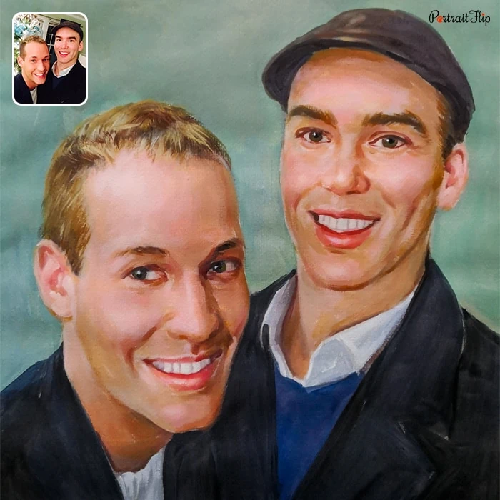 Picture of two men taking selfie which is converted into watercolor paintings