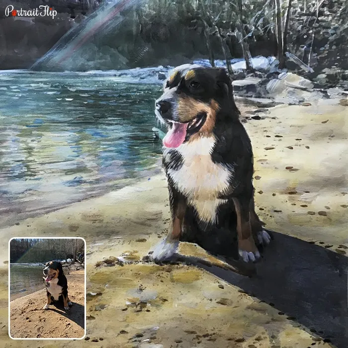 Picture of a dog who is sitting beside river that is converted into a watercolor paintings