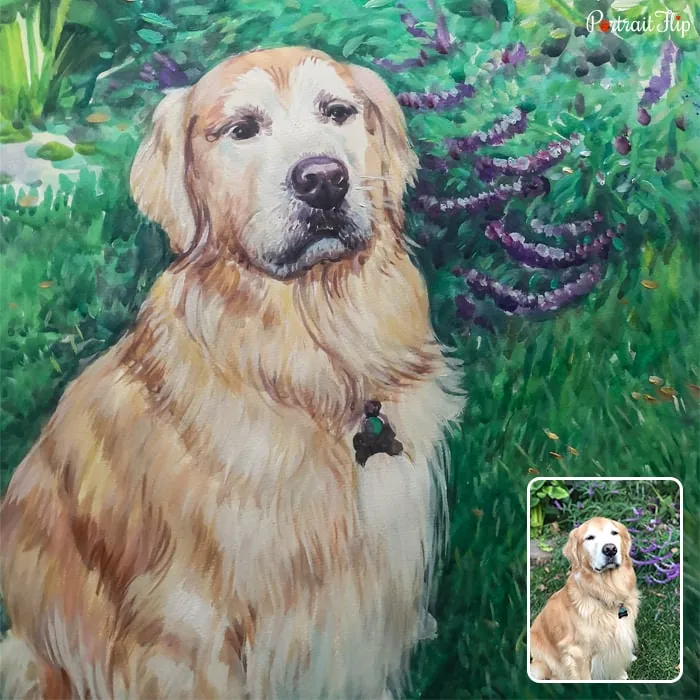 Watercolor paintings of a dog posing in a bushy background
