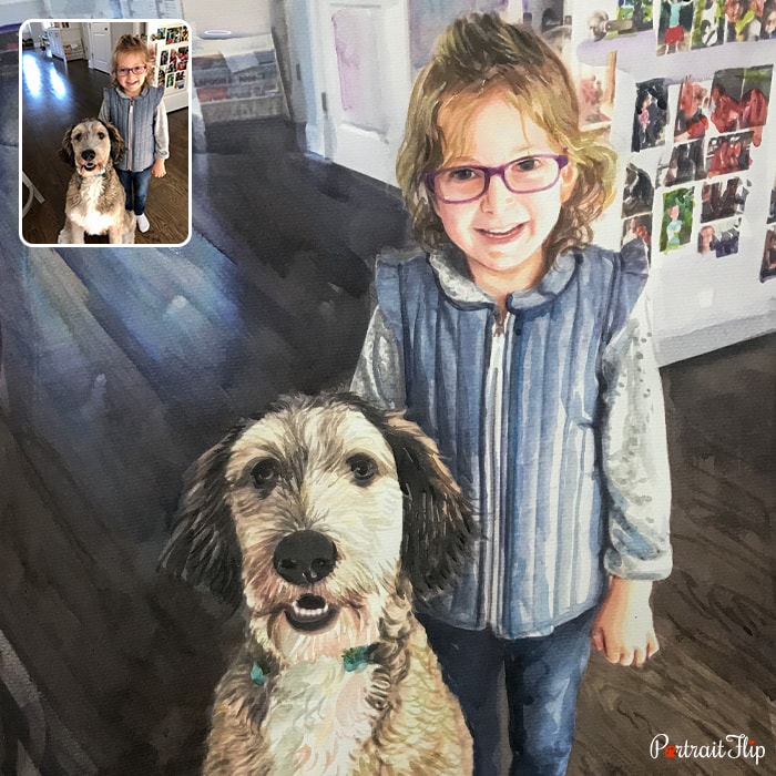Watercolor paintings of a young girl standing with her dog in living room area