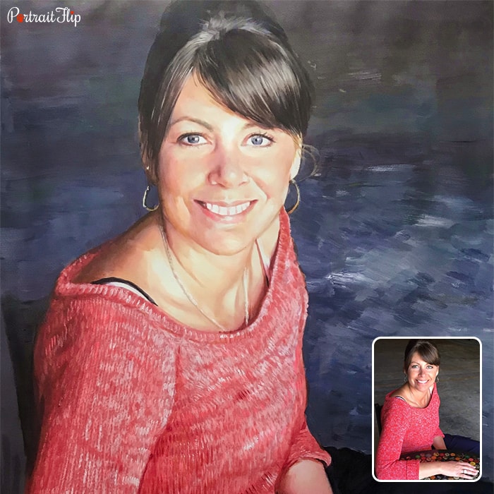 A photo of a woman smiling which is converted into a watercolor paintings