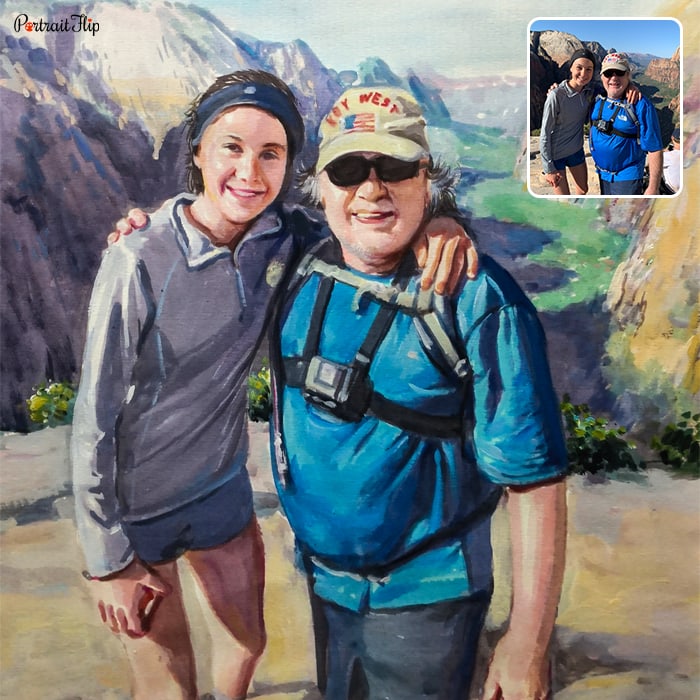 Watercolor paintings featuring a old man and a woman standing on a cliff