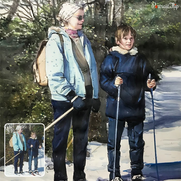 Watercolor paintings of an old woman and a young girl standing with snow ski in their hands in a snowy background