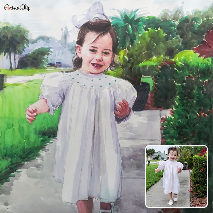 Watercolor paintings of a baby girl walking in a lawn