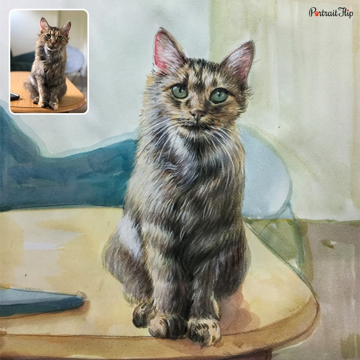 Watercolor paintings of cat sitting on a table