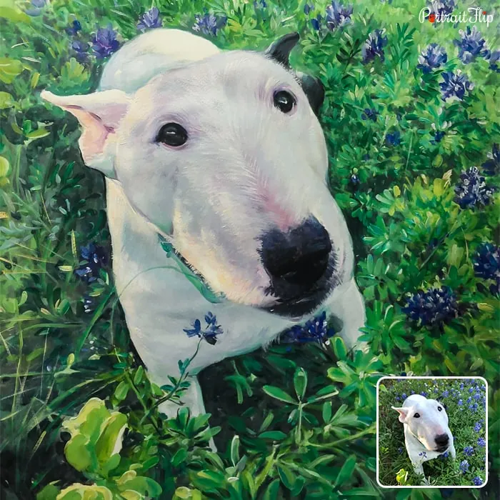 A handmade watercolor paintings of a dog standing in a field of a grass