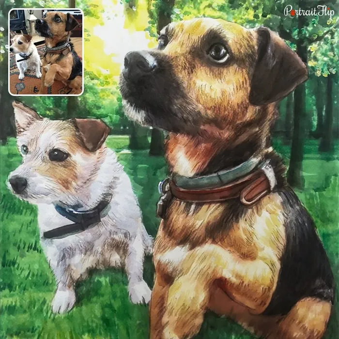 A photo of two dogs sitting beside each other that is converted into a watercolor paintings