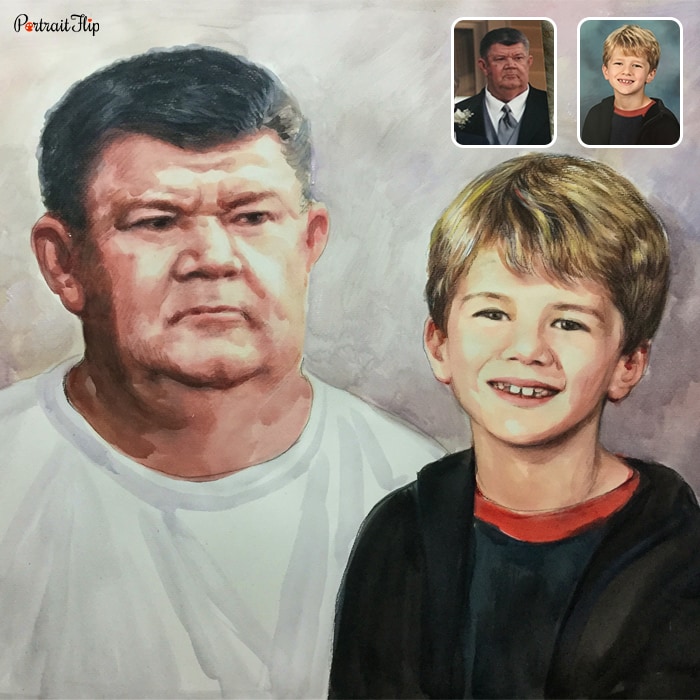 Compilation of an old man and a young boy who are placed next to each other in a watercolor paintings