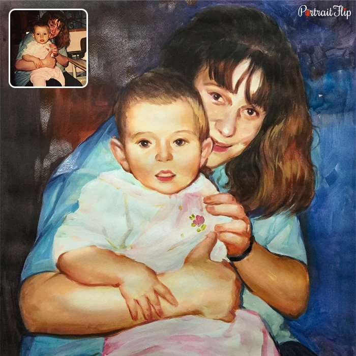 An old photo of a woman who is sitting while holding a baby in her arms is converted into a watercolor paintings