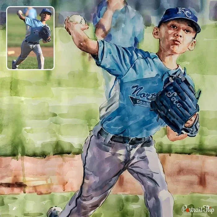 Watercolor paintings of a boy who is throwing ball