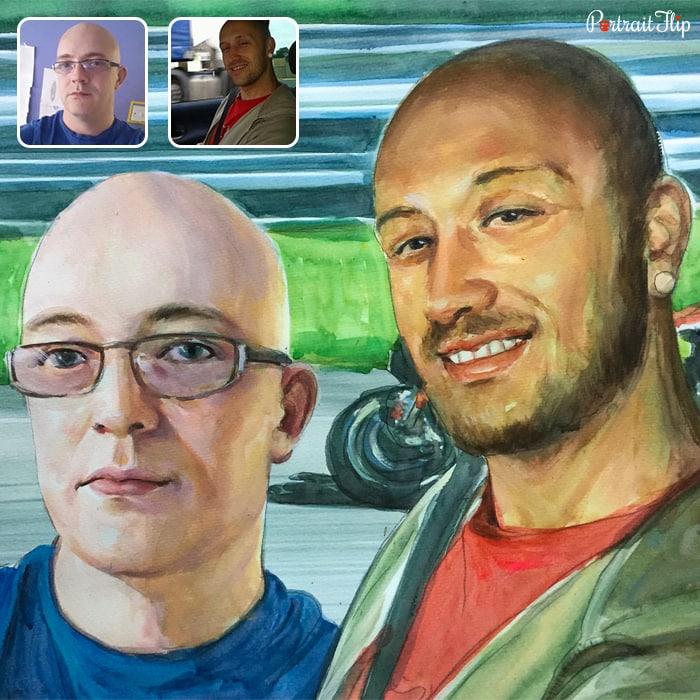 Compilation of two men who are placed next to each other into watercolor paintings