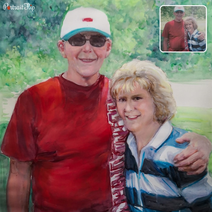 A photo to watercolor paintings of a couple who are standing with the man’s arm around the woman