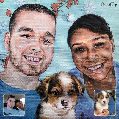Compilation of pictures where a man and a woman is placed with a dog as a valentine’s day paintings
