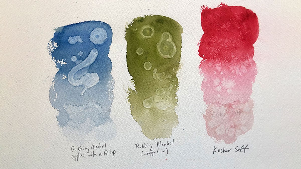 Watercolor tips using rubbing alcohol and kosher salt