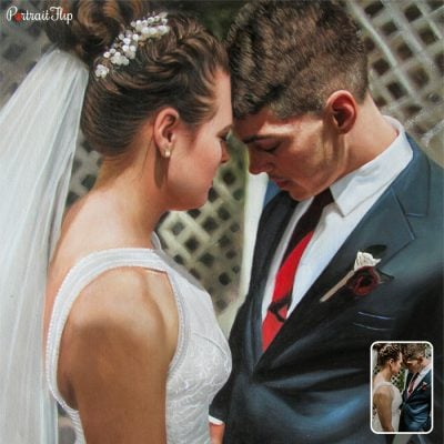 A bride and groom embracing each other which is created a valentine’s day paintings