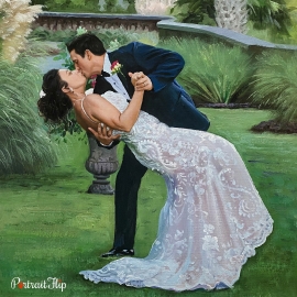 Picture of a bride and groom where the groom is holding bride in his arms and they are kissing each other, which is converted into valentine’s day paintings