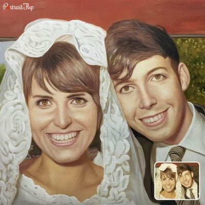 A painting of a bride and groom that is converted into a wedding vintage portraits.