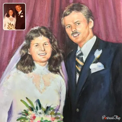 An old photo of a bride and groom that is converted into a watercolor vintage portraits