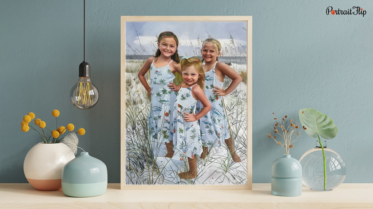 an acrylic painting depicting three girls in a floral gown. 