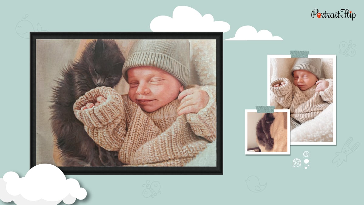 A portrait of a baby with a cat. The image has two separate photos that have been compiled into one portrait.