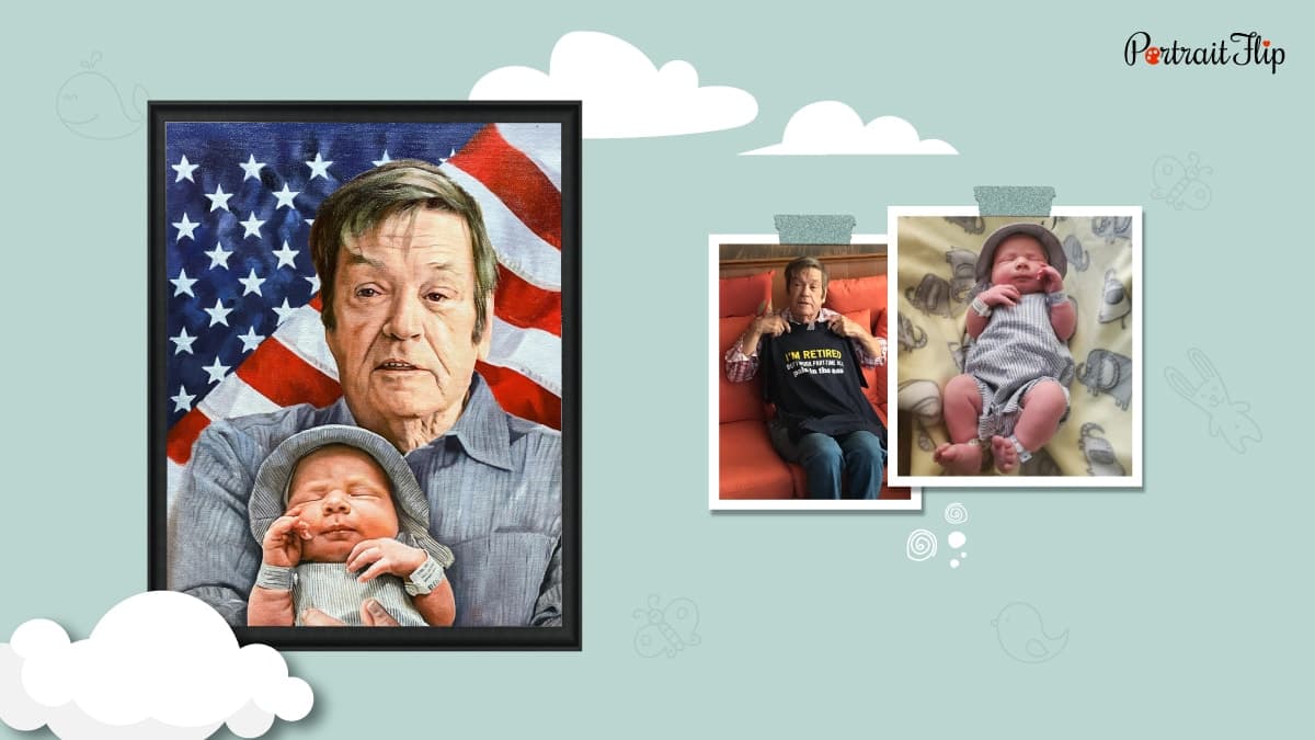 A portrait of a grandpa with his grandchild. The grandpa is holding the grandchild in this portrait that has been compiled together from photos.