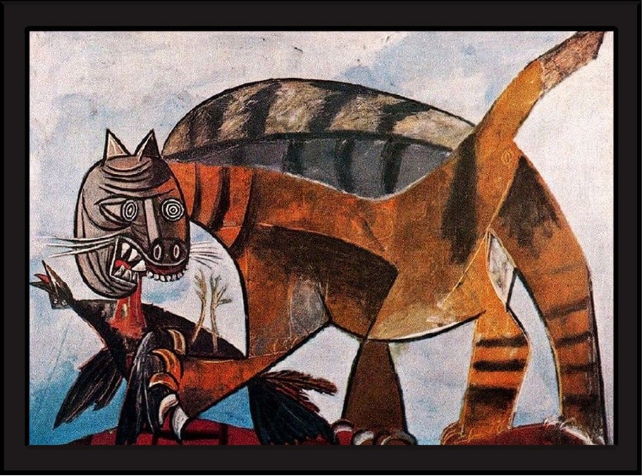 cat catching a bird by Pablo Picasso is one of the famous cat paintings