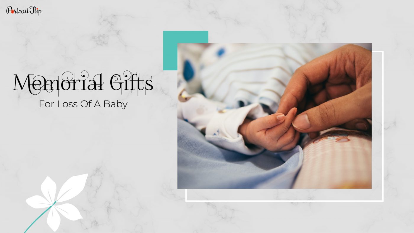 A picture of a woman holding a baby's hand. This has a text that reads memorial gifts for loss of a baby