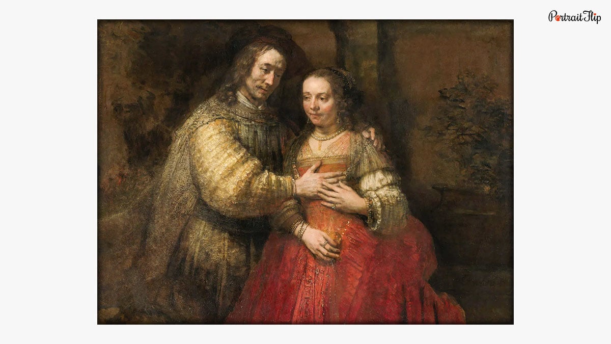 painting by Rembrandt: Isaac and Rebecca used as an example of oil painting. 