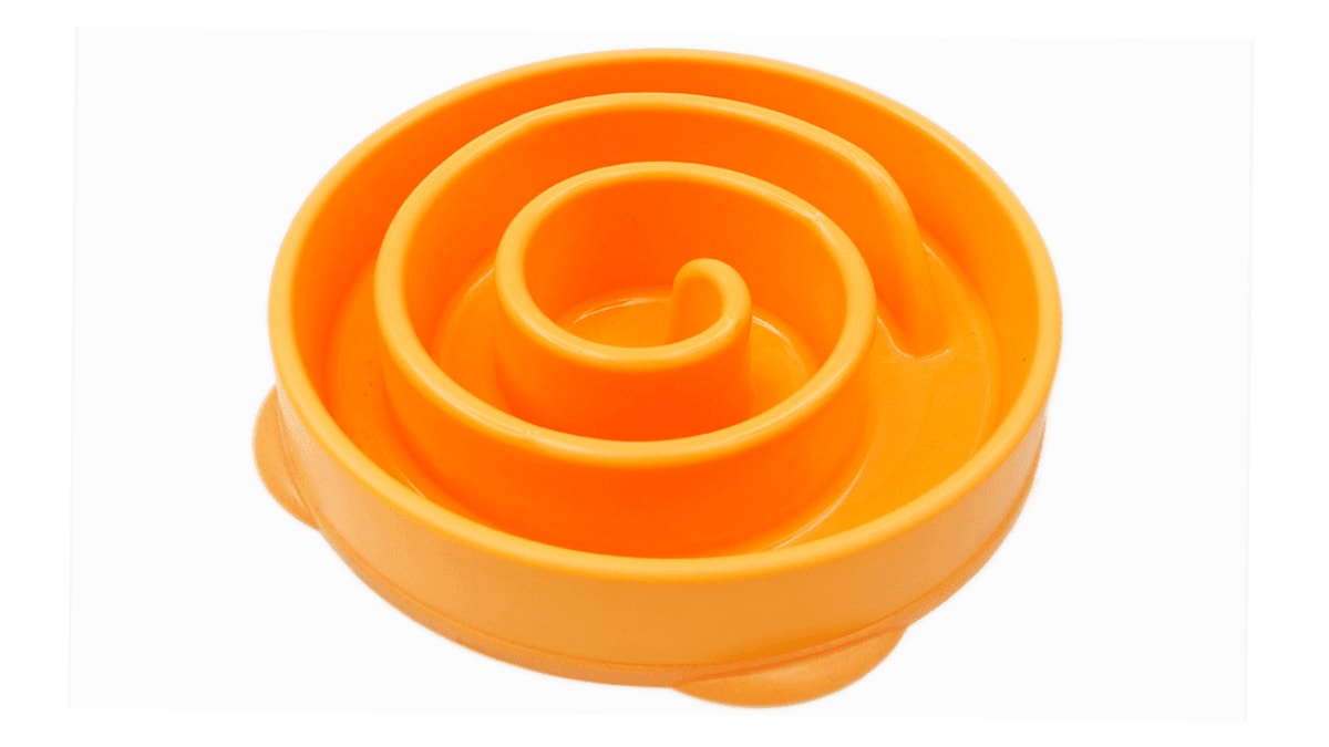 A orange colored slow bowl is placed on the white background. 