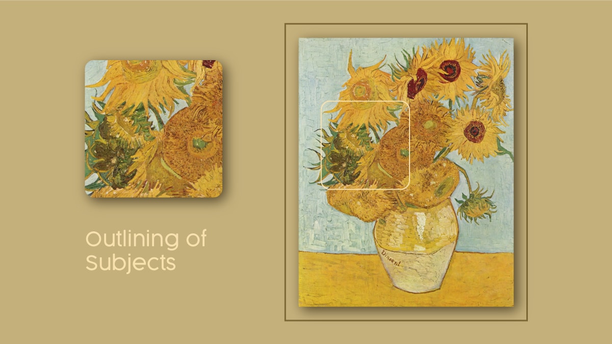 Van Gogh's Sunflowers with zoomed images of flowers.
