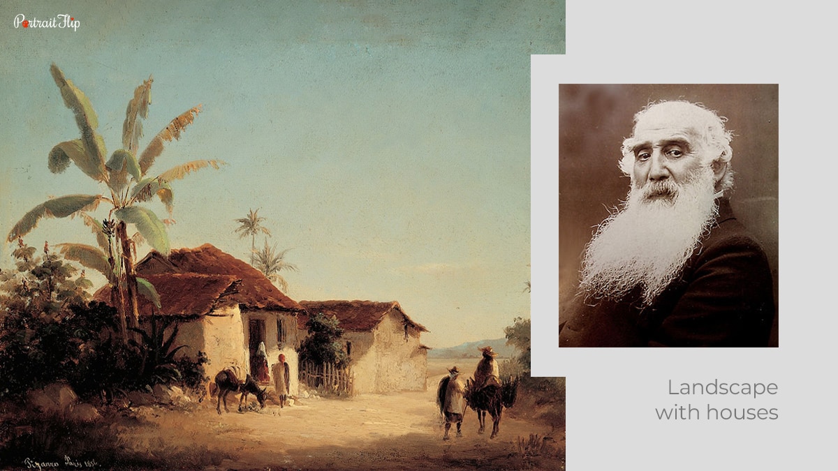impressionist artist Camille Pissarro with Landscape with houses.