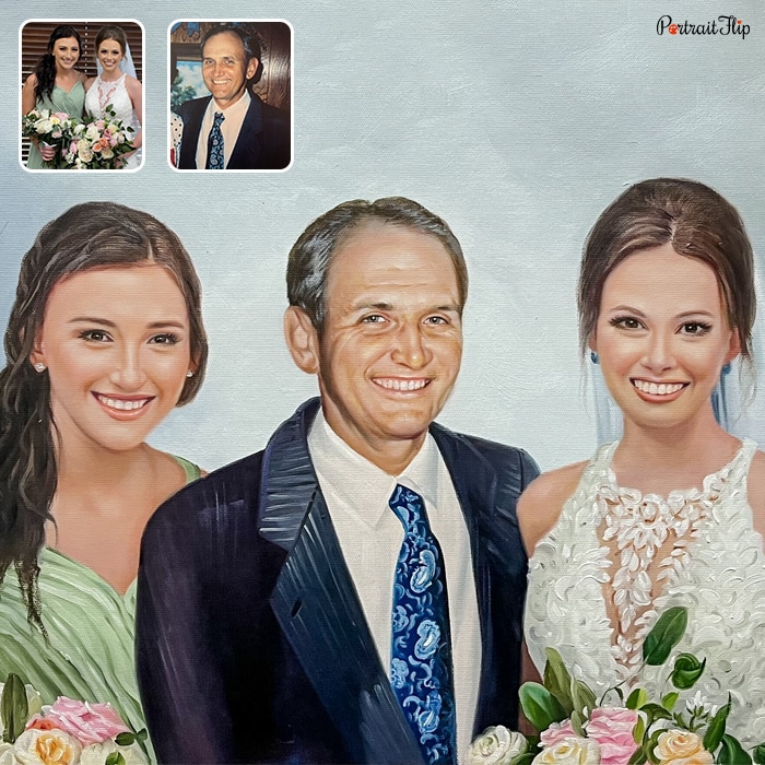 Picture of a man standing between two women, where one is dressed in bride's outfit, is converted into merged portraits