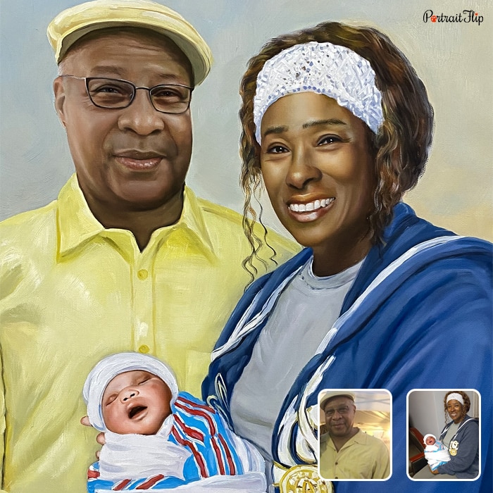 Picture of a man and woman where the woman is holding a newborn baby in her arms is placed together as merged portraits