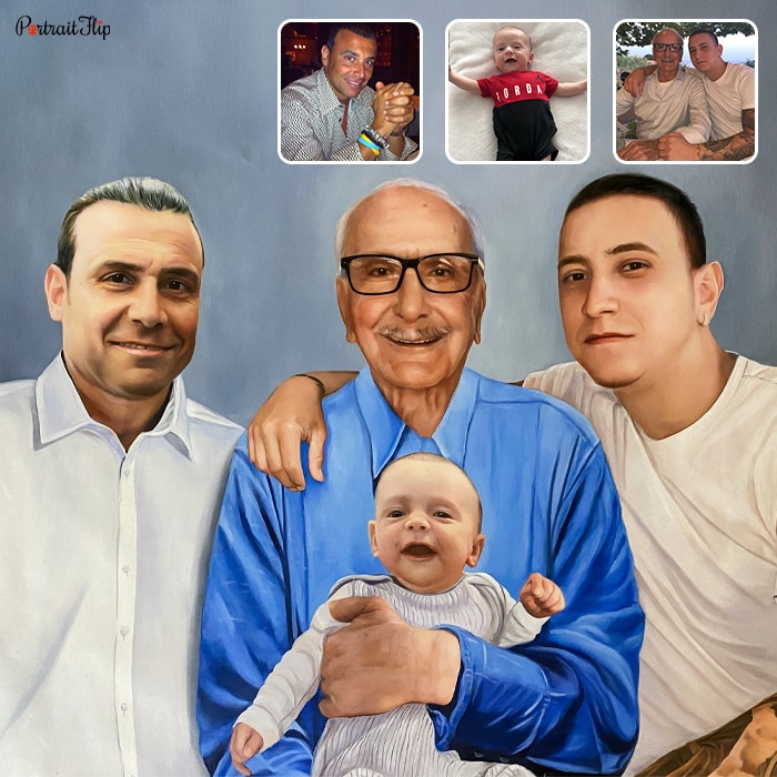 Acrylic merged portraits where an old man is standing in between two men with a baby in his hands