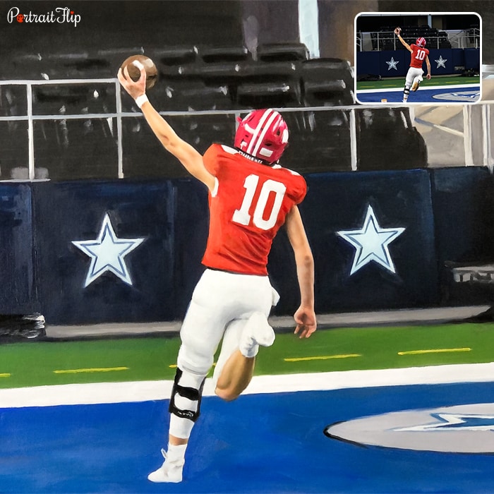 Acrylic painting of a person’s back playing football