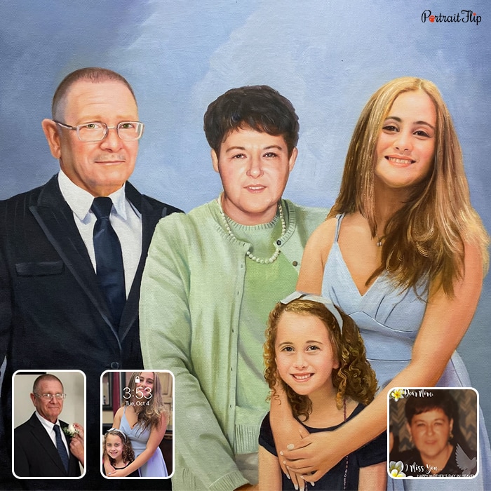 Acrylic paintings of an old man, a woman, a young lady and a girl are standing close together