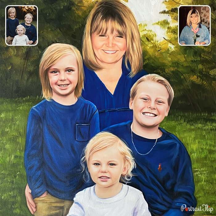Acrylic paintings where a woman is placed behind three children with a garden in background
