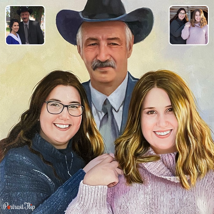 Acrylic painting where an old man wearing hat is placed behind two ladies