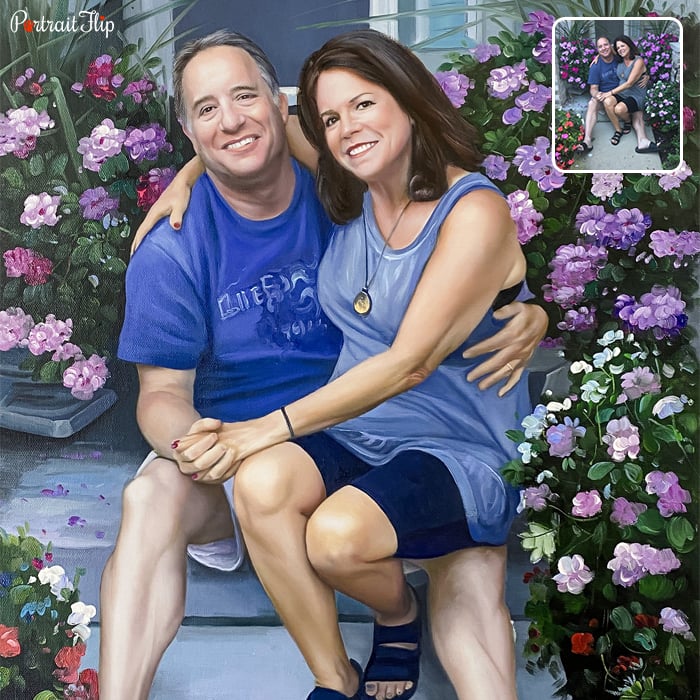 Acrylic painting of a couple where the woman is sitting on man’s lap, surrounded by flowers