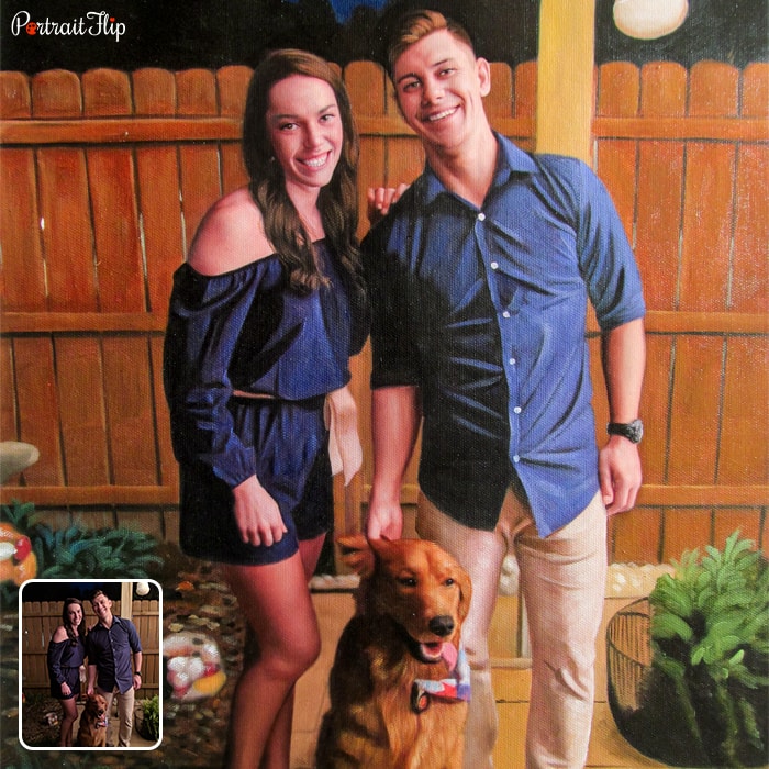 Acrylic painting where a man and a woman are standing next to each other with a dog below them and a wooden fence in background