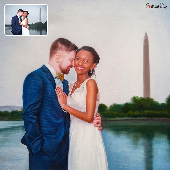 Acrylic painting of a couple where the groom’s face is leaning on woman’s face and his arms is around her waist
