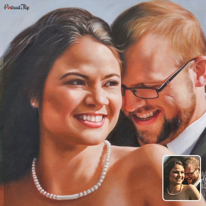 Acrylic painting where the man is behind woman who is wearing a pearl necklace