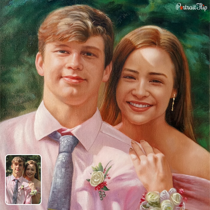 Acrylic painting of a couple where the woman is standing behind man with her one hand on his shoulder