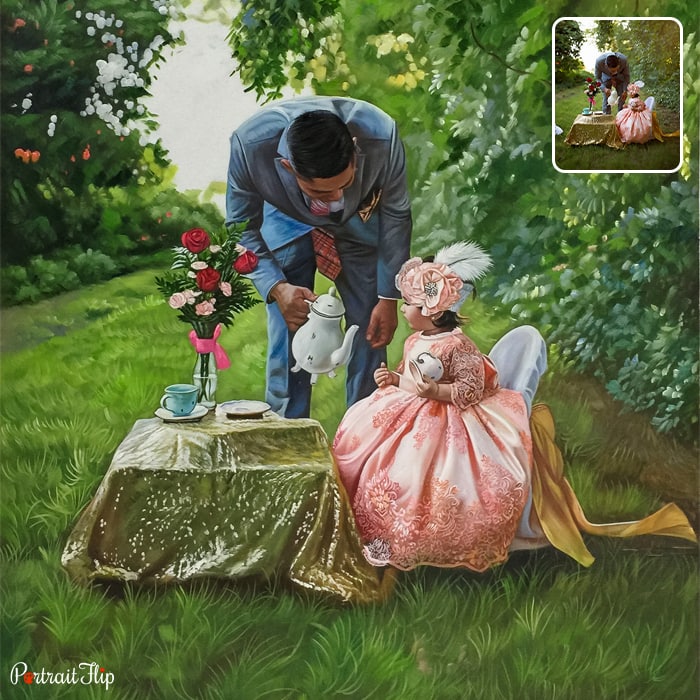 Acrylic painting of a baby girl sitting in a garden area with table, chair and tea set wearing a royal dress while a man is serving tea to her