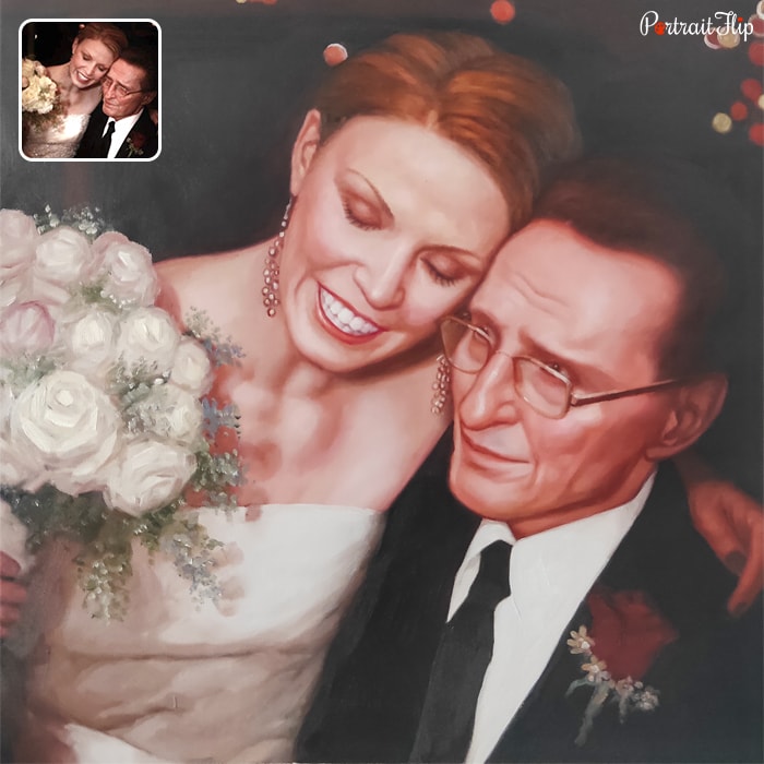 Acrylic painting of a bride holding bunch of white flowers and leaning on an old man