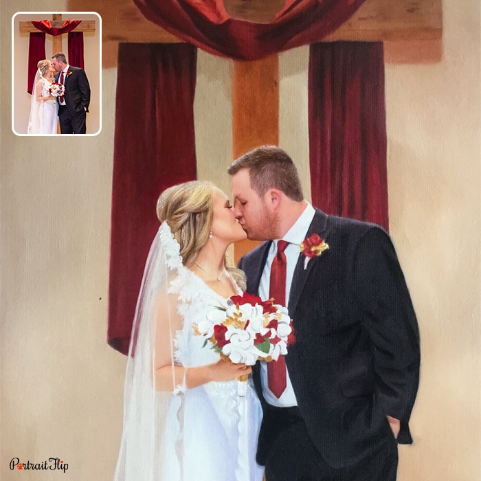 Acrylic painting of a bride and groom kissing each other